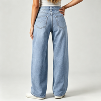 Jean délavé pour femme, coupe droite, jambe large, style décontracté, en denim fin et extensible, effet délavé