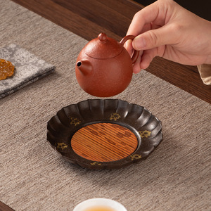 Bamboo Mat Lotus Petal Design Copper <b>Tea</b> Tray Dry Brewing Plate Retro Home <b>Tea</b> <b>Set</b> Accessory - Product Image 2