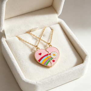 2 Pezzi Collana dell'Amicizia con Cuore Diviso, Margherita Arcobaleno Smaltata, Placcata Oro Rosa, Collane Abbinate per Migliori Amiche, Donne e Ragazze - Product Image 4