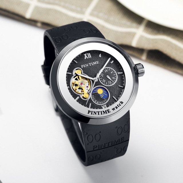Luxury Men's Automatic Mechanical Watch with Moon Phase Movement Wrist Orologio Featuring Hollow Design and Rubber Band