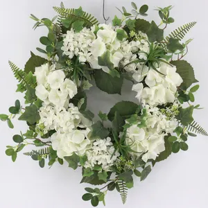 ใบไม้ปลอม,พวงหรีดสีขาวดอกไฮเดรนเยียสำหรับตกแต่งประตูหน้าต่างอุปกรณ์ตกแต่งงานเลี้ยงงานแต่งงานฤดูใบไม้ผลิ