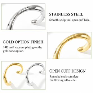Bracelet manchette ouverte sculptural, en acier inoxydable, options de couleurs or et argent, option plaqué or 14 carats sous vide - Product Image 2
