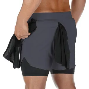 Быстросохнущие мужские спортивные шорты 2 в 1 из полиэстера с принтом