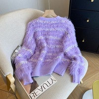 Cardigan tricoté décontracté pour femme, col en V, style vintage, en fausse fourrure de vison, manches longues, coupe ample, avec volants, écoresponsable, pour la maternité