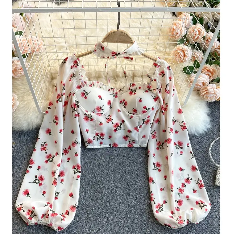 Women Boho Floral Blouse Korean Retro Square Collar Puff Sleeve Slim Tops Spring Sexy Streetwear Print Short Blouses