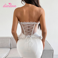 Corsé de malla con lunares sin tirantes para mujer, elegante top bustier con volantes y cordones, corsé para fiesta