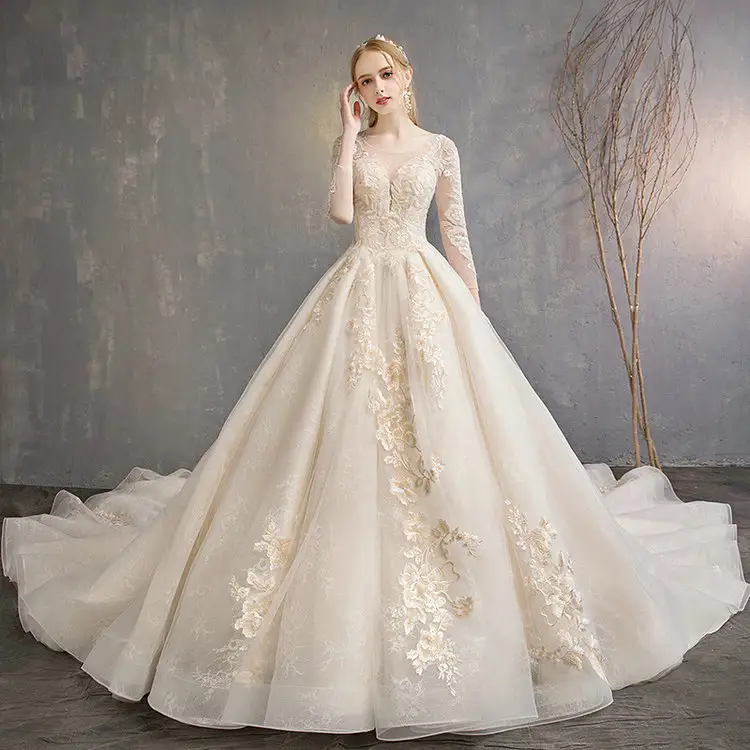 Qushine Luxury Lace Long Sleeve Ball Gown gelinlik Wedding Dresses Champagne Ready Made Tail Gowns