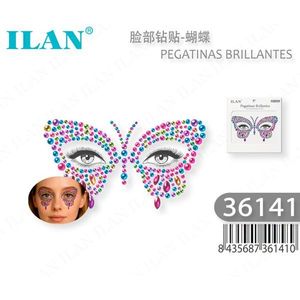 Adesivi per il viso con strass Ilan, design a farfalla, trucco glitterato colorato per feste e festival - Product Image 3