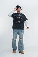 T-shirt Streetwear Homme Oversize Imprimé Manches Longues, Style Rétro Délavé et Destructuré, avec Empiècements Contrastants, Personnalisable OEM