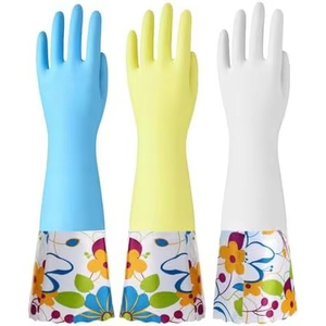 ถุงมือยางกันน้ำแบบยาวพร้อมผ้าพันข้อมือลายดอกไม้สำหรับล้างจานในครัวเรือน - Product Image 6