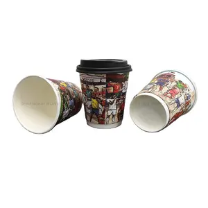 Customized colourful disposable logo/brand/contact info printing party/picnic/event/meeting double wall paper cup with black lid