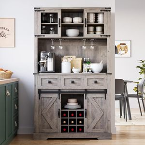 <span class=keywords><strong>Haut</strong></span> <span class=keywords><strong>buffet</strong></span> de cuisine de ferme avec portes de grange coulissantes et clapier de rangement et 3 tiroirs - Product Image 2