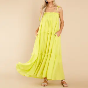 Женское шифоновое платье-макси без рукавов, элегантное желтое приталенное платье с оборками в повседневном стиле, лето 2019