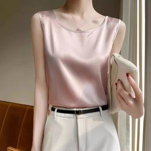 Camisola de seda de verano para mujer, chaleco holgado de cuello redondo de acetato, ropa exterior de talla grande, sin mangas, capa interior de satén, Top Base - Product Image 1
