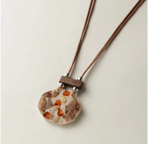 Vintage Boho Resin Mosaic Pendant <b>Necklace</b>, Handmade Wood Accent Brown Cord <b>Statement</b> <b>Necklace</b> - Product Image 1