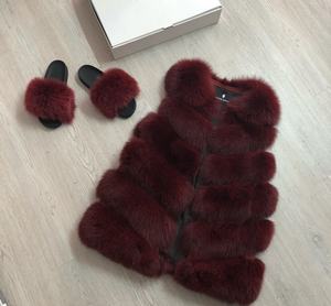 RXFurs High Street Custom Oversize Winter V Neck Furs <span class=keywords><strong>Gilet</strong></span> Fluffy Ladies <span class=keywords><strong>Gilet</strong></span> Burgundy 6 Rows Véritable <span class=keywords><strong>Gilet</strong></span> en Fourrure de Renard - Product Image 1