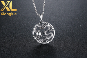 Pendentifs ronds en acier inoxydable pour hommes, style punk, avec dragon chinois - Product Image 5