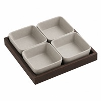 Ensemble de bols carrés en céramique avec plateau en bois de noyer, 150 ml, en grès, pour sauces, accompagnements et noix, ensemble modulaire à 1, 2 ou 4 compartiments