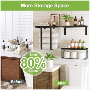 Étagère murale de rangement pour salle de bain, 3 niveaux, noire, avec porte-papier toilette et porte-serviettes, pour l'organisation de la salle de bain - Product Image 3