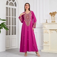 Nouvelle Arrivée Transfrontalière Automne 2026 Abaya Femme Élégante en Polyester à Manches Longues et Ourlet Évasé, Broderie Perlée Faite Main et Strass