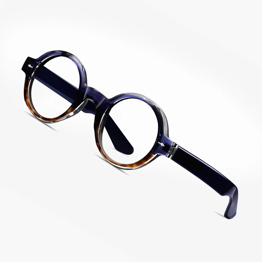 Diseño de remaches de metal personalizable vintage, monturas de gafas pequeñas redondas, acetato de color sólido con luz azul y gafas TR90