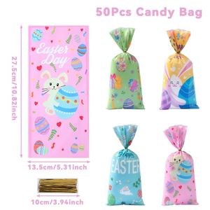 Micros tar 50pcs Oster taschen Plastik behandeln Goodie Candy Bags mit 50 Twist Ties Osterhasen Taschen für Kinder <span class=keywords><strong>Happy</strong></span> Easter Party Decor - Product Image 2