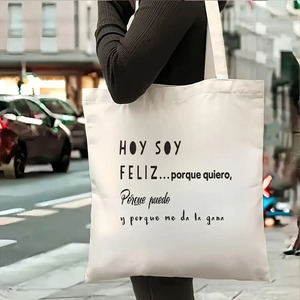 Bolso <span class=keywords><strong>de</strong></span> mano grande <span class=keywords><strong>de</strong></span> lona para mujer, con cita inspiradora en español HOY SOY Feliz, bolso <span class=keywords><strong>de</strong></span> compras diario reutilizable - Product Image 4