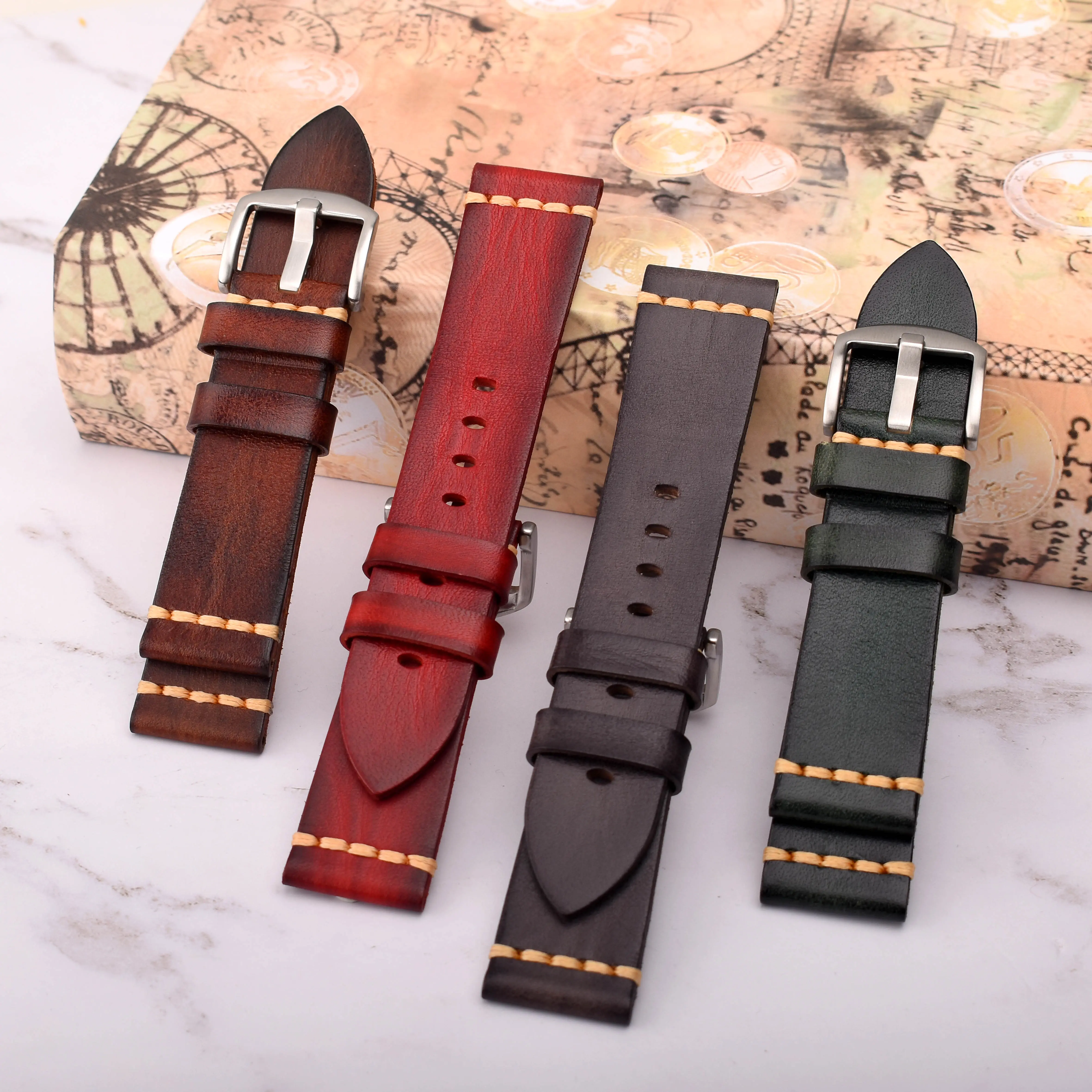 Heqi Vintage Leather Watch Strap Band Luxury 20mm 22mm 26mm Handmade Watch Strap Leather Genuine 22mm Wrist Band