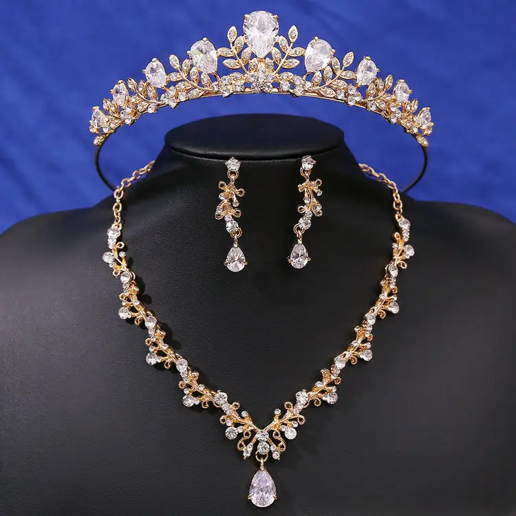 QS Bride zircon crown alloy plated rhinestone wedding accessories Crown earrings necklace three-piece set