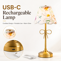Lámpara de Mesa LED Recargable Inalámbrica con Decoración de Lazo y Pantalla Floral Dorada, para Iluminación Ambiental en Dormitorios y Salas de Estar, Venta al Por Mayor