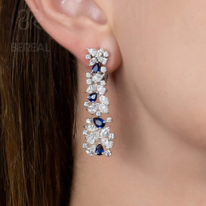 Boucles d'oreilles chandelier en diamant CVD cultivé en laboratoire certifié IGI VVS, personnalisées en argent 925, saphir et diamant, style cascade, bijoux pour femmes - Product Image 1