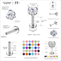 Labret à dos plat fileté intérieurement en Titane G23 ASTM F136, motif Trèfle à quatre feuilles avec Zircon Cubique, 16G, pour piercing Hélix, Tragus, Cartilage, Oreille, Lèvre