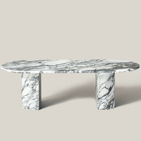 Breccia Grey Vein Marmor Esstisch Organische Längliche Eierförmige Platte Asymmetrischer Versetzter Doppelrundblock-Sockel Dinner-Tisch