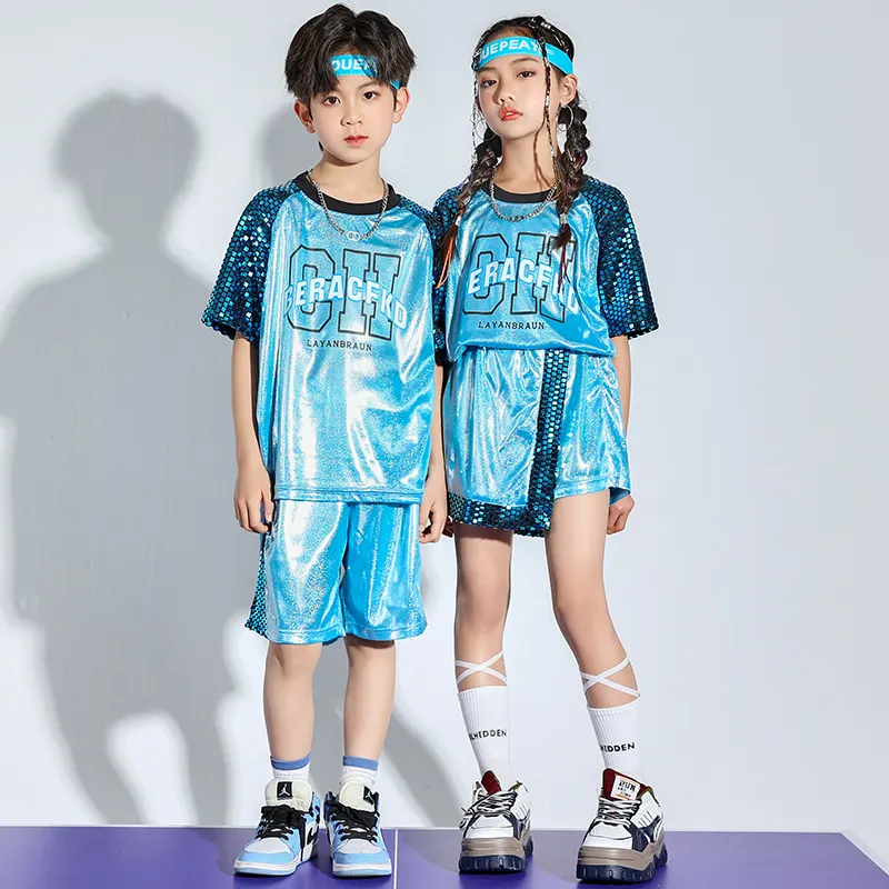Kids Kpop Outfits Hip Hop Clothing Blue Sequined T Shirt Casual Street Summer Shorts for Girl Boy Jazz Dance Costume Clothes