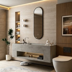 Lavabo minimalista personalizado de losa de roca gris sin juntas, espejo inteligente colgante de pared para baño, ideal para villas y hoteles. - Product Image 4