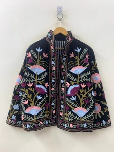 Handmade Grey Velvet Suzani Jacket Hand Embroidered Animal Print Cotton Vintage Artisan Bohemian Winter Fashion India Supplier - Product Image 3