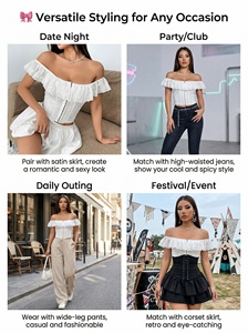 En stock Nouveauté 2026 Streetwear Crop top <span class=keywords><strong>femme</strong></span> style corset à épaules dénudées, à volants et dentelle, respirant, avec fermeture avant à agrafes et baleines - Product Image 5