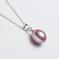 Mutiara Air Tawar Alami 8-11mm dengan Kalung Liontin Rantai Perak 925 Ungu Merah Muda Putih Kilau Kuat untuk Wanita