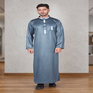 Qamis Homme Bleu Teal Vintage d'été à manches longues, longueur au sol, col montant, en polyester, tenue de prière Moyen-Orient, coupe classique, pour l'Aïd et le Ramadan - Product Image 2