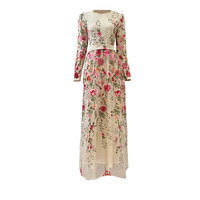 Robe longue maxi décontractée de luxe en mousseline brodée florale pour femme musulmane, avec ceinture à nouer, col rond, printemps-été