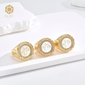 Elfic 도매 14K 골드 필드 지르콘 멕시코 50페소 참 스퀘어 코인 구리 남녀공용 밴드 반지 - Product Image 5