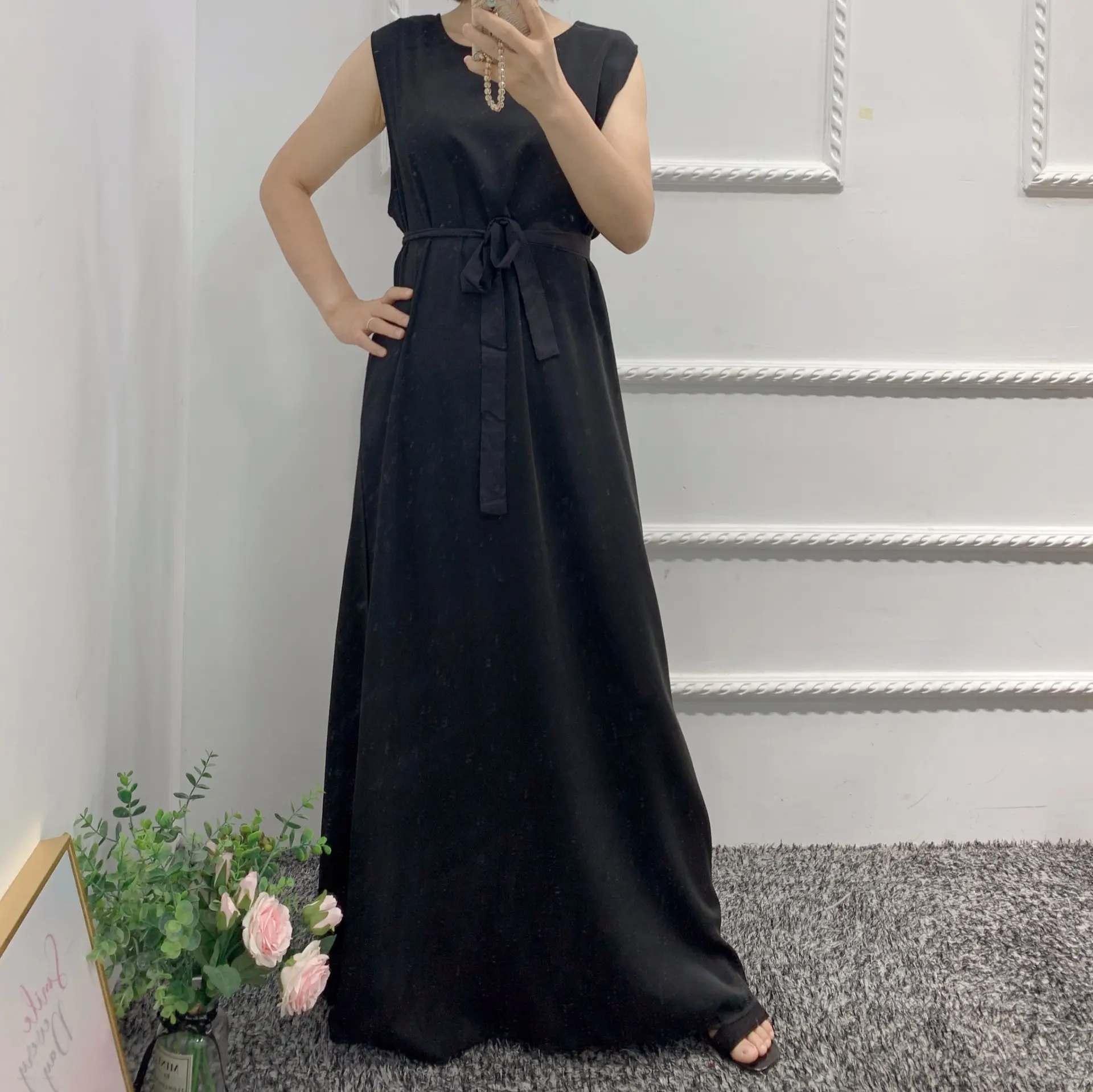 Đầm Trong Áo Abaya Trơn Cho Nữ Đầm Không Tay Đầm Hijab Dài Maxi Hồi Giáo Đầm Cơ Bản Màu Trắng Đen Kaki Xanh Lá