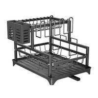 Égouttoir à vaisselle double niveau en métal robuste noir, grande capacité, organisateur de comptoir de cuisine pour assiettes et couverts