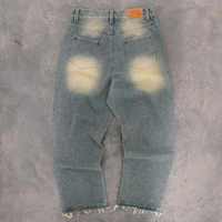 Jeans en denim délavé mi-acide personnalisés pour hommes, style vintage, déchirés, streetwear, hip-hop, broderie, strass, style rétro