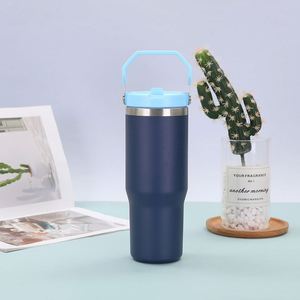 Mug de voyage isotherme sous vide 20oz 30oz avec poignée, couvercle, paille et base antidérapante pour boissons froides - Product Image 1