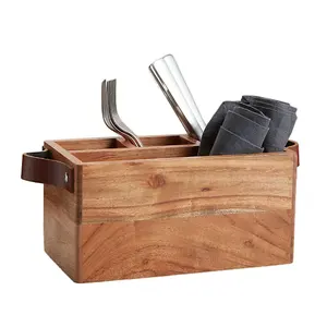 Acacia Holz besteck Utensil Aufbewahrung Besteck Caddy Halter Box mit Leder griff