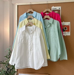 Chemise en lin pour femme L397, taille unique, avec deux poches basiques, chemisier décontracté à boutons, printemps été, blanc, jaune, bleu, vert, rose - Product Image 1