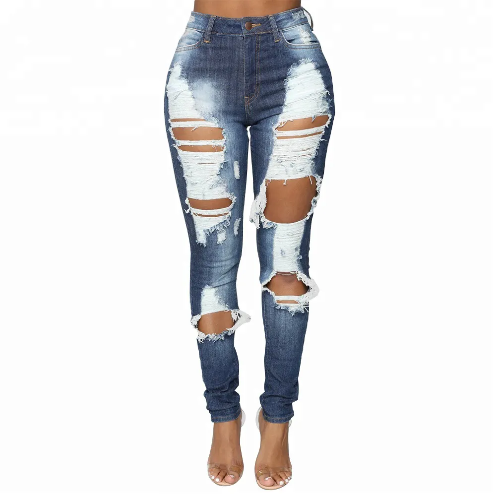 Calça jeans feminina, jeans rasgado azul danificado plus size