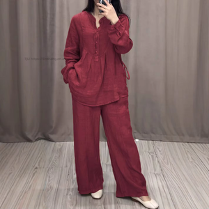 ชุดเซ็ต 2 ชิ้น เสื้อแขนยาวผ้าฝ้ายผสมลินินใส่สบายสำหรับผู้หญิงช่วงฤดูใบไม้ร่วง และกางเกงขายาวทรงหลวมเอวยางยืดแบบลำลอง แฟชั่น - Product Image 3