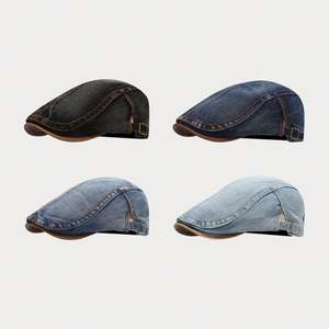New Arrival Trendy Washed Faded Denim <b>Flat</b> Top Ivy <b>Cap</b> Fashion Women <b>Men</b> Outdoor Casual Retro Beret Hat With PU Leather Bill - Product Image 1